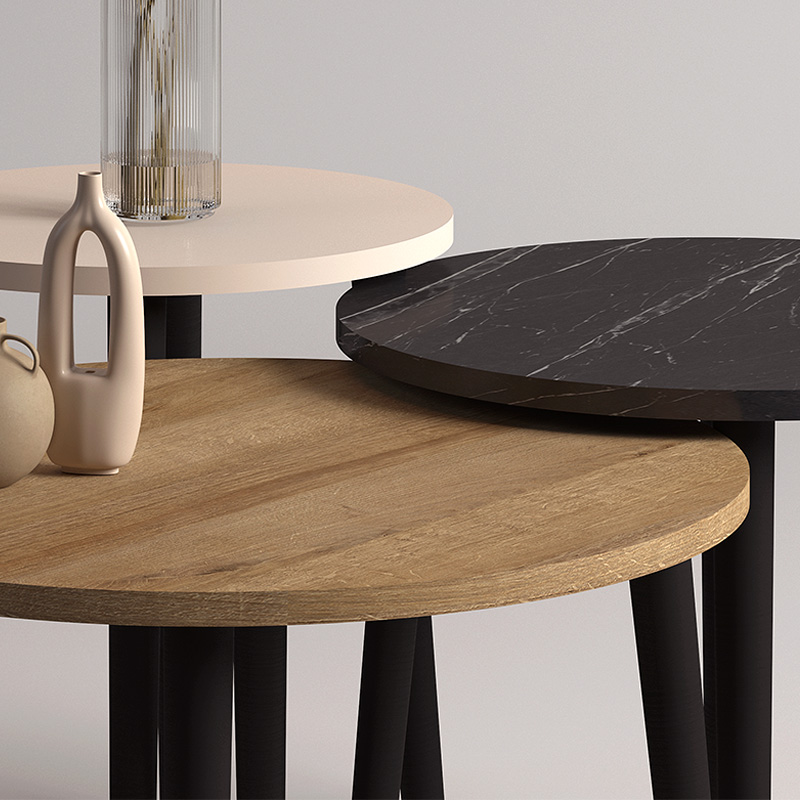 Τραπεζάκι σαλονιού σετ 3 τμχ Roma Megapap χρώμα oak - μαύρο εφέ μαρμάρου - κρεμ Φ60x46εκ. - Image 2