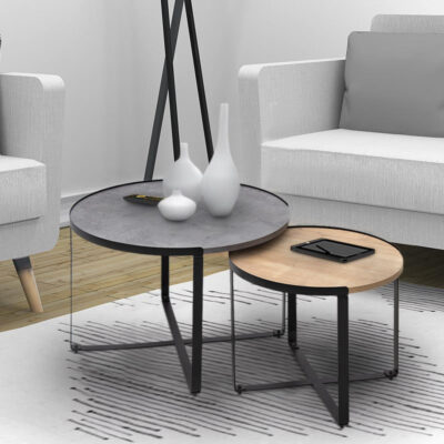 Σετ τραπεζάκια σαλονιού Davis Megapap 2τμχ. χρώμα γκρι σκυροδέματος/φυσικό οξιάς 70x69x46εκ.