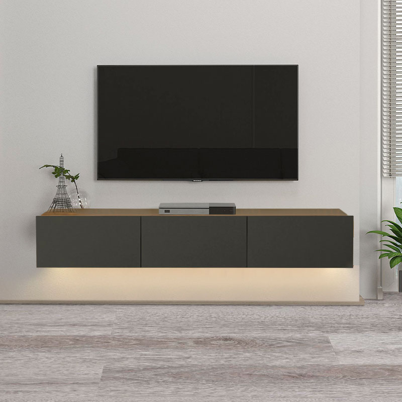 Έπιπλο τηλεόρασης επιτοίχιο Damla Megapap με LED χρώμα sapphire oak - ανθρακί 180x29,5x29,5εκ. - Image 2
