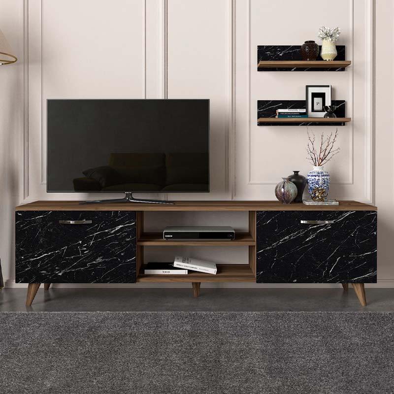 Έπιπλο τηλεόρασης Geacles Megapap χρώμα καρυδί - μαύρο εφέ μαρμάρου 180x40x50εκ. - Image 2