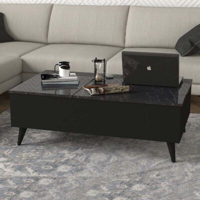 Τραπεζάκι σαλονιού Roy Megapap με σερβιτόρο χρώμα μαύρο - εφέ μαρμάρου 121x69x40εκ.