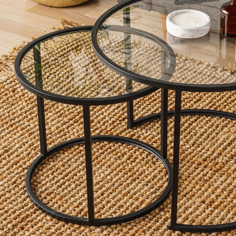 Τραπεζάκι σαλονιού σετ 2 τμχ Vetro Megapap μέταλλο - γυαλί χρώμα μαύρο Ø60x43εκ. - Image 3