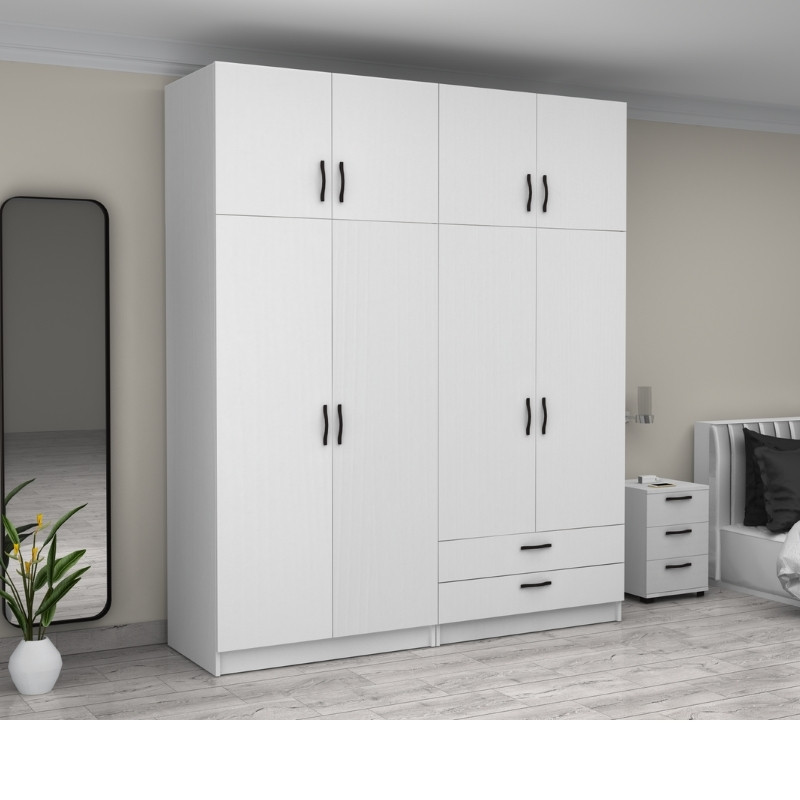 Ντουλάπα ρούχων Victoria Megapap τετράφυλλη με πατάρι και συρτάρια χρώμα λευκό 200x60x240εκ. - Image 3