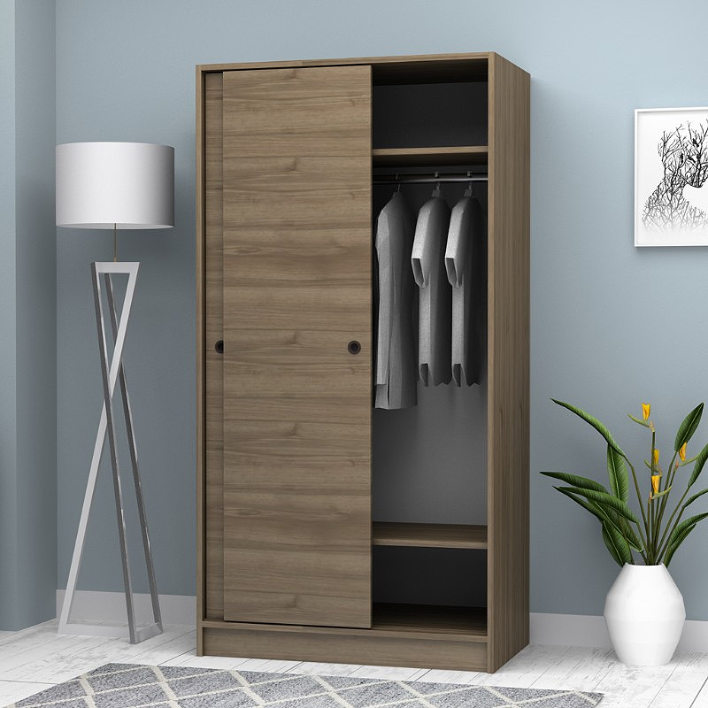 Ντουλάπα ρούχων Misra Megapap δίφυλλη συρόμενη χρώμα καρυδί 94x52x182εκ. - Image 2