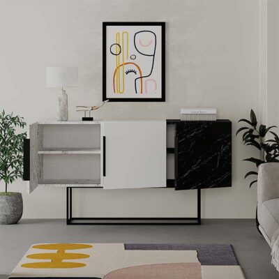 Μπουφές Tontini Megapap χρώμα λευκό - μαύρο εφέ μαρμάρου 150x42x79,5εκ.