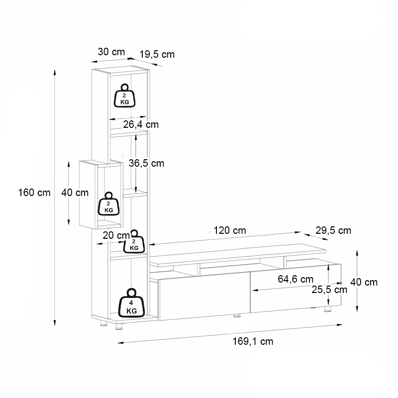 Σύνθεση τηλεόρασης Tulip Megapap χρώμα λευκό - sepet oak 160x29,5x160εκ. - Image 6