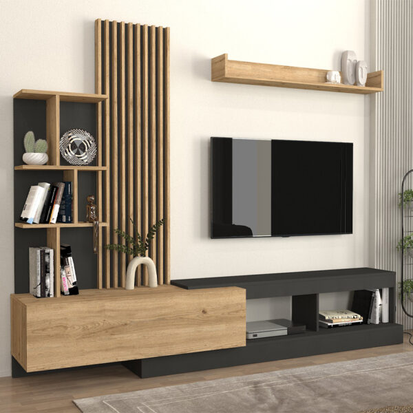 Σύνθεση τηλεόρασης Vermont Megapap χρώμα ανθρακί - sepet oak 240x40x192εκ. - Image 2