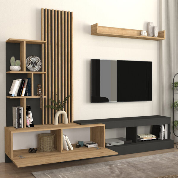 Σύνθεση τηλεόρασης Vermont Megapap χρώμα ανθρακί - sepet oak 240x40x192εκ. - Image 3