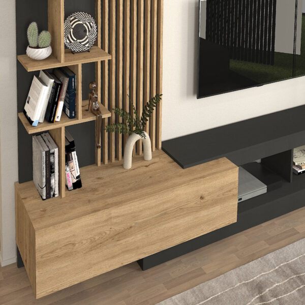 Σύνθεση τηλεόρασης Vermont Megapap χρώμα ανθρακί - sepet oak 240x40x192εκ. - Image 4