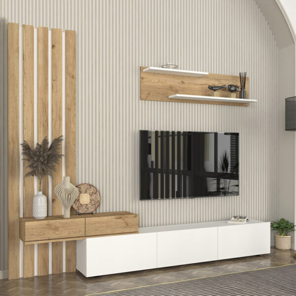 Σύνθεση τηλεόρασης Rosaline Megapap χρώμα λευκό - sepet oak 233x31,3x196,8εκ. - Image 2