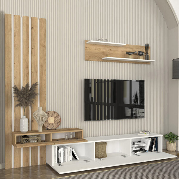 Σύνθεση τηλεόρασης Rosaline Megapap χρώμα λευκό - sepet oak 233x31,3x196,8εκ. - Image 3