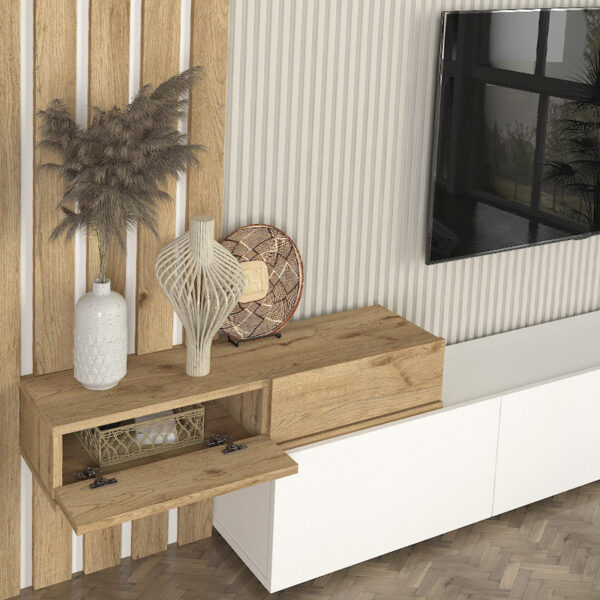 Σύνθεση τηλεόρασης Rosaline Megapap χρώμα λευκό - sepet oak 233x31,3x196,8εκ. - Image 4