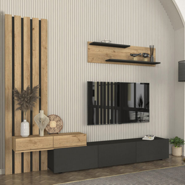 Σύνθεση τηλεόρασης Rosaline Megapap χρώμα ανθρακί - sepet oak 233x31,3x196,8εκ. - Image 2