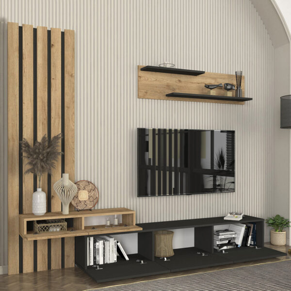 Σύνθεση τηλεόρασης Rosaline Megapap χρώμα ανθρακί - sepet oak 233x31,3x196,8εκ. - Image 3