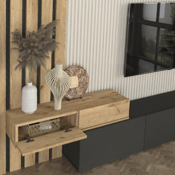 Σύνθεση τηλεόρασης Rosaline Megapap χρώμα ανθρακί - sepet oak 233x31,3x196,8εκ. - Image 4
