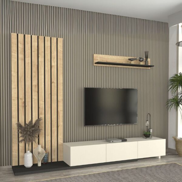 Σύνθεση τηλεόρασης Nagini Megapap χρώμα ivory - sapphire oak - ανθρακί 260x39,4x203,6εκ. - Image 2