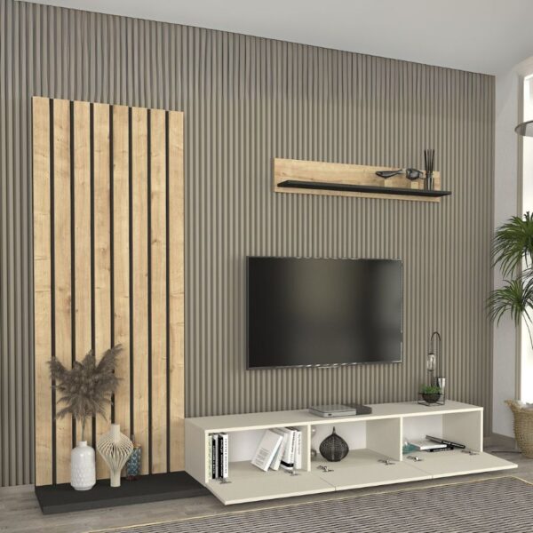 Σύνθεση τηλεόρασης Nagini Megapap χρώμα ivory - sapphire oak - ανθρακί 260x39,4x203,6εκ. - Image 3