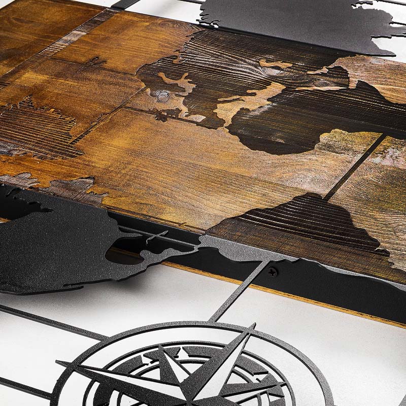 Διακοσμητικό τοίχου World Map Megapap ξύλινο - μεταλλικό χρώμα καρυδί - μαύρο 85x3x58εκ. - Image 2