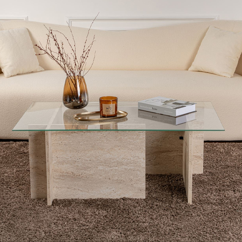 Τραπεζάκι σαλονιού Vetrino Megapap γυάλινο χρώμα travertine 105x65x40εκ. - Image 2