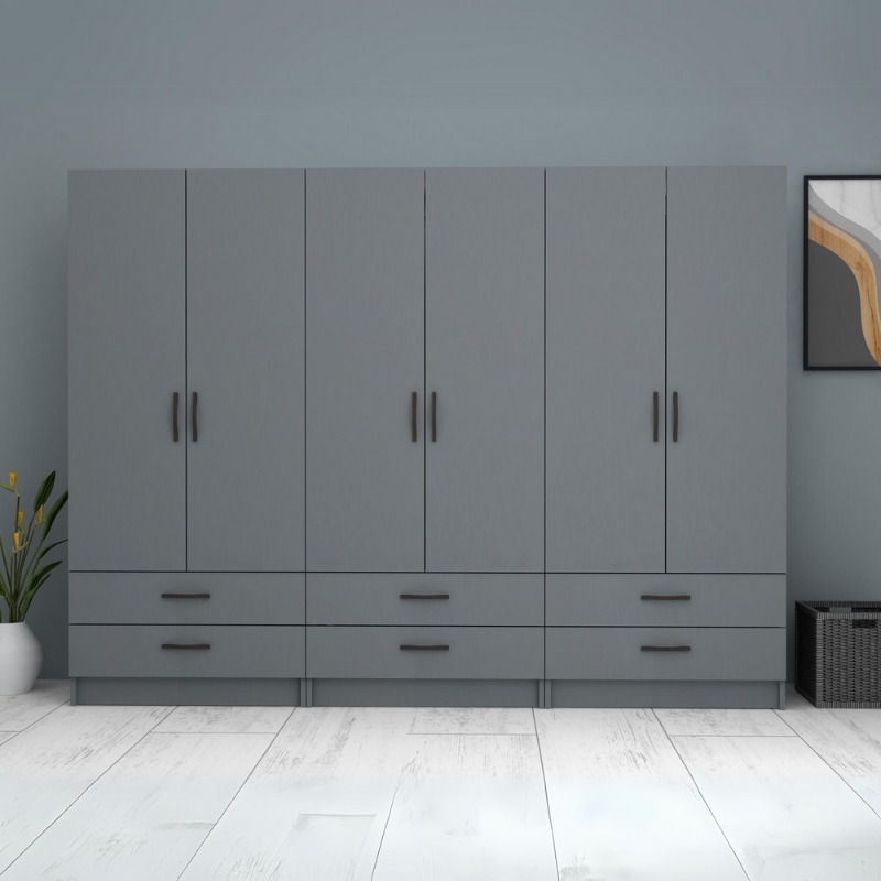 Ντουλάπα ρούχων Ricardo Megapap εξάφυλλη με συρτάρια χρώμα ανθρακί 240x51,8x181εκ. - Image 4