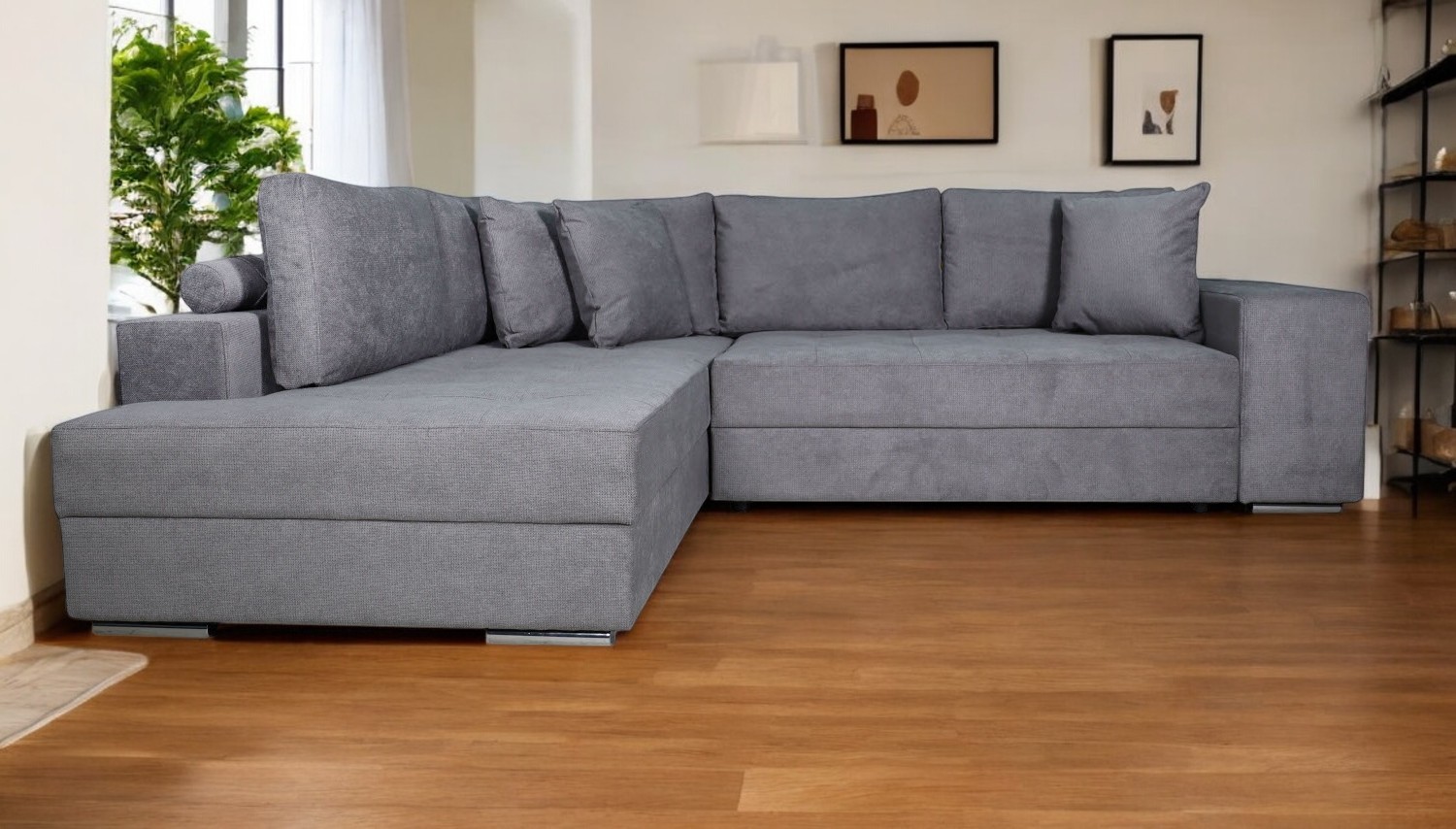 Karina Γωνιακός καναπές κρεβάτι με αποθηκευτικό χώρο & 2 σκαμπό 278x218εκ. Γκρι Ανοιχτό Αριστερή Γωνία