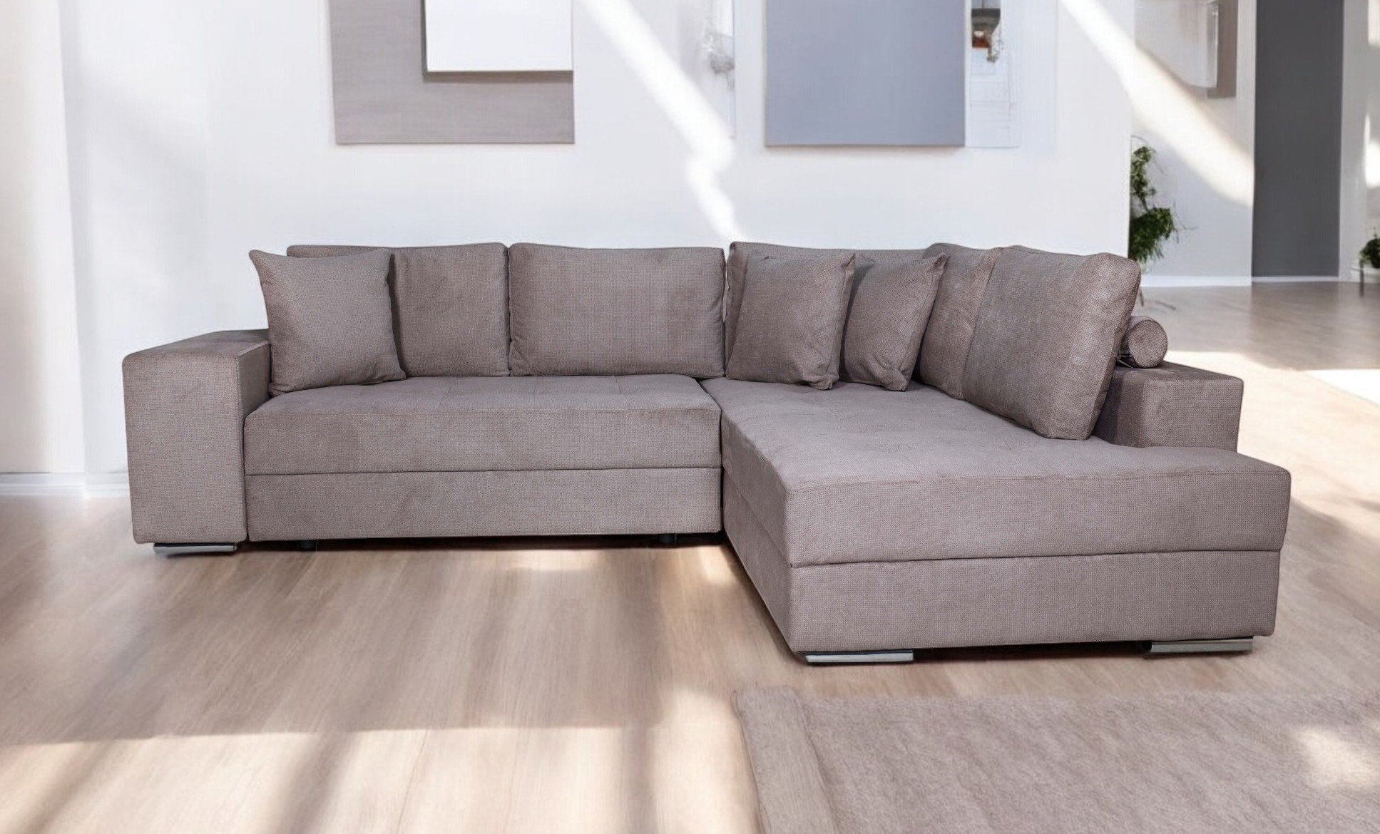 Karina Γωνιακός καναπές κρεβάτι με αποθηκευτικό χώρο & 2 σκαμπό 278x218εκ. Μπεζ σκούρο Δεξιά Γωνία