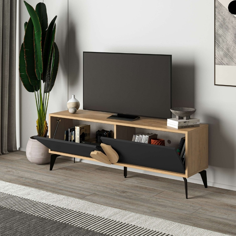 Έπιπλο τηλεόρασης Gora Megapap χρώμα sapphire oak - silky black 140x35,6x51εκ. - Image 3