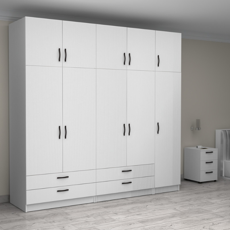 Ντουλάπα ρούχων Victoria Megapap πεντάφυλλη με πατάρι και συρτάρια χρώμα λευκό 250x60x240εκ. - Image 3