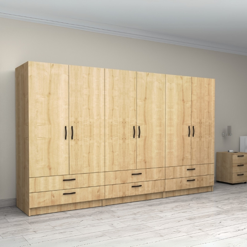 Ντουλάπα ρούχων Victoria Megapap εξάφυλλη με συρτάρια χρώμα φυσικό οξιάς 300x60x181εκ. - Image 3