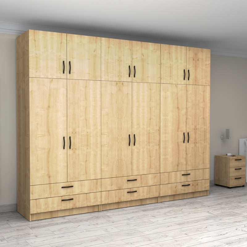 Ντουλάπα ρούχων Victoria Megapap εξάφυλλη με πατάρι και συρτάρια χρώμα φυσικό οξιάς 300x60x240εκ. - Image 3