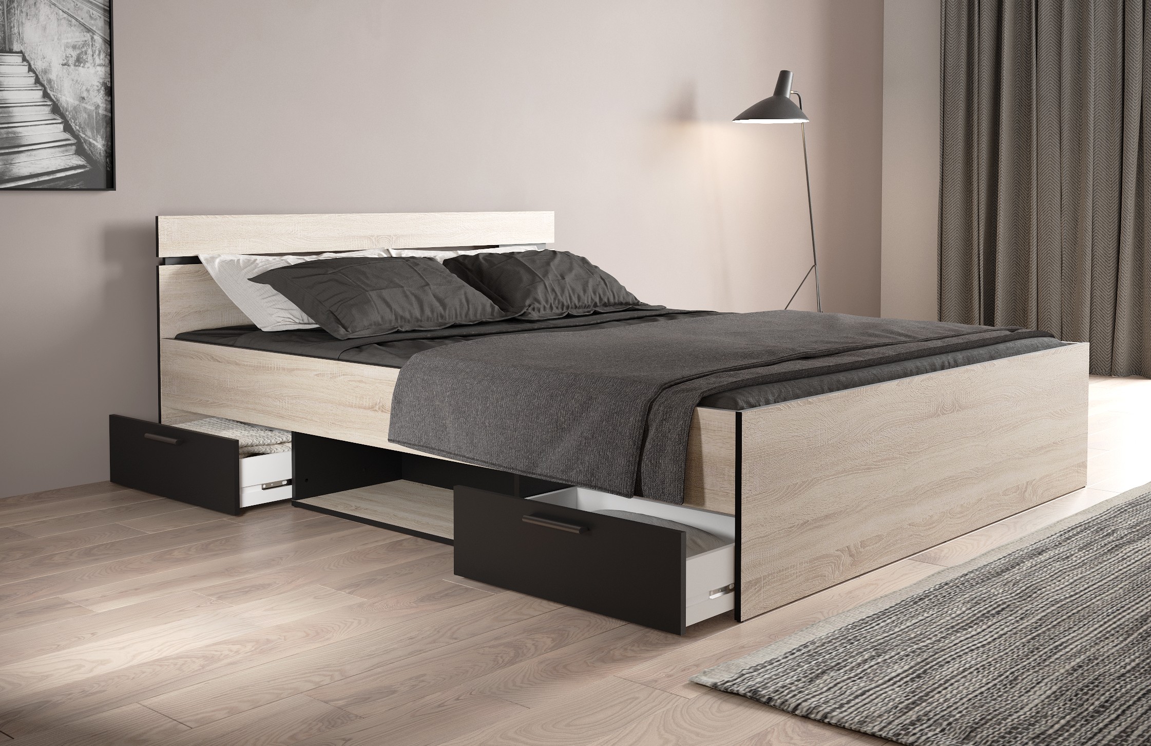 Michigan κρεβάτι με δυο συρτάρια 165x204x74εκ. ( για στρώμα 160x200εκ. ) Brushed Oak / Μαύρο - Image 2