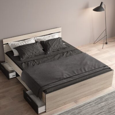 Michigan κρεβάτι με δυο συρτάρια 165x204x74εκ. (  για στρώμα 160x200εκ. )  Brushed Oak / Μαύρο