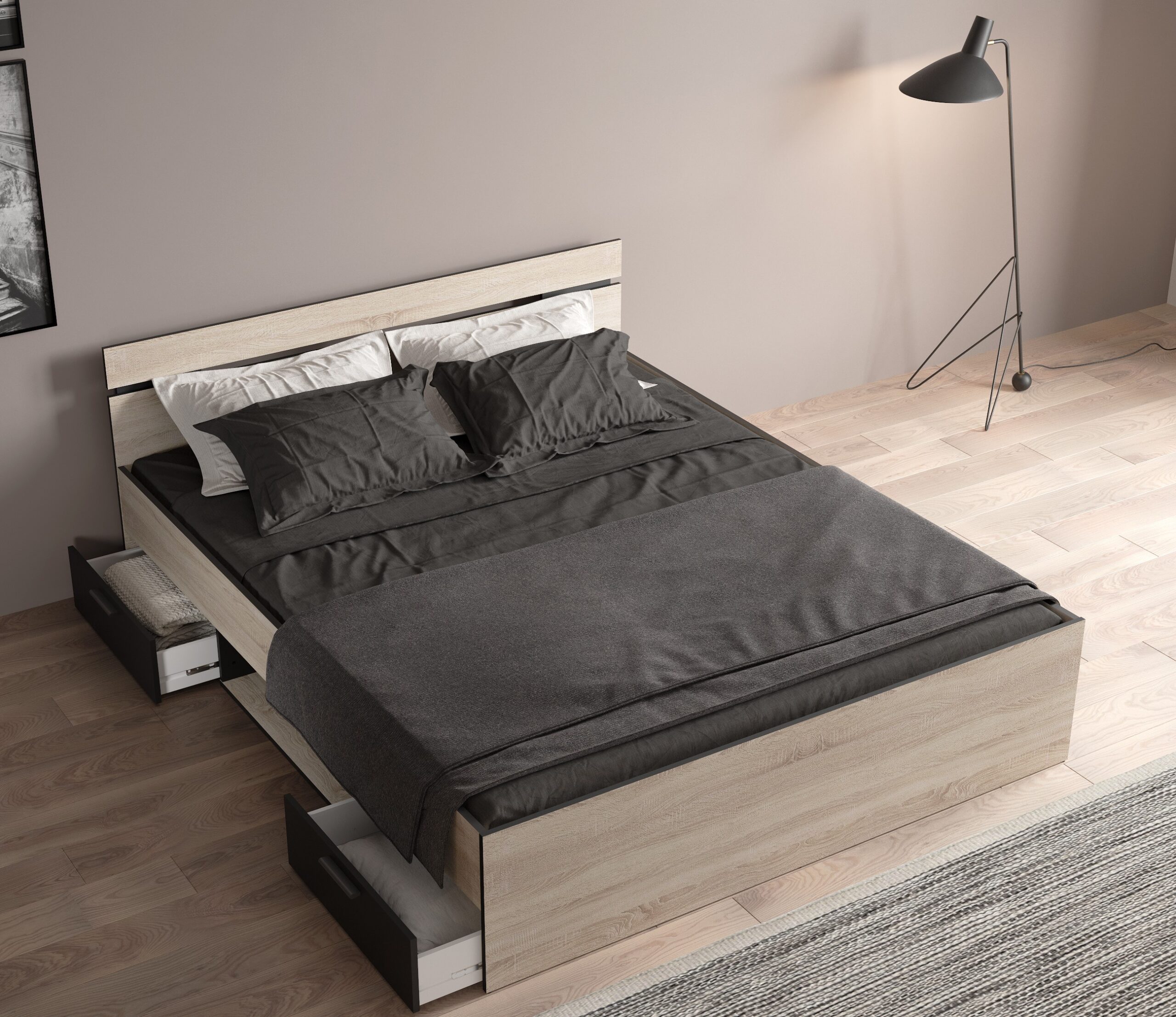 Michigan κρεβάτι με δυο συρτάρια 165x204x74εκ. ( για στρώμα 160x200εκ. ) Brushed Oak / Μαύρο