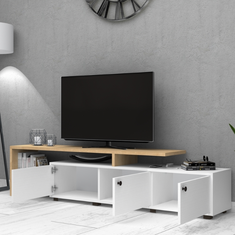 Έπιπλο τηλεόρασης Amadeo Megapap χρώμα λευκό - φυσικό οξιάς 197,5x35x46cm. - Image 2