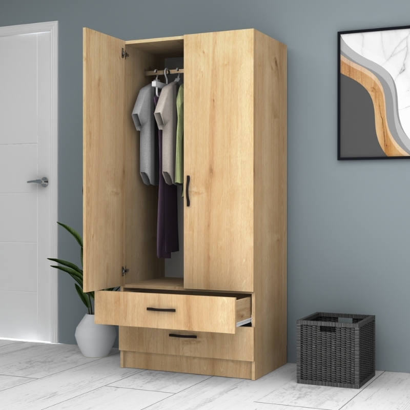 Ντουλάπα ρούχων Ricardo Megapap δίφυλλη με συρτάρια χρώμα φυσικό οξιάς 80x51,8x181εκ. - Image 2