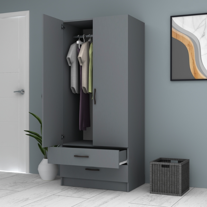 Ντουλάπα ρούχων Ricardo Megapap δίφυλλη με συρτάρια χρώμα ανθρακί 80x51,8x181εκ. - Image 2