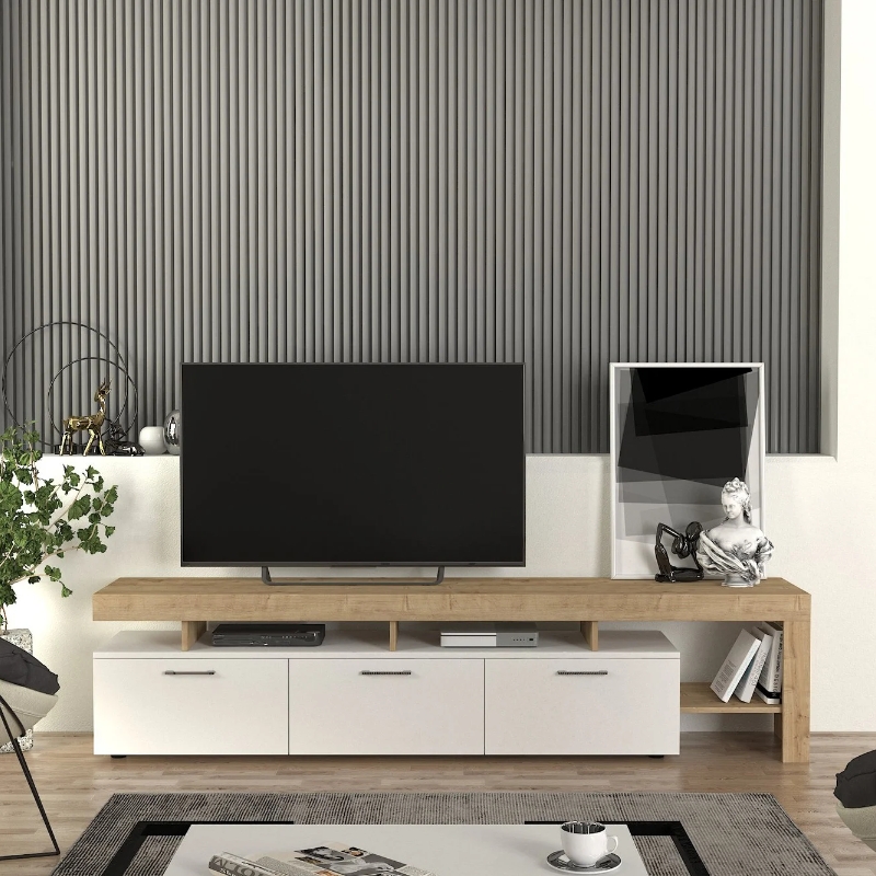 Έπιπλο τηλεόρασης Acnes Megapap χρώμα λευκό - sapphire oak 220x40x52εκ. - Image 2