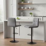 Σκαμπό μπαρ Carmelo Megapap με ρυθμιζόμενο ύψος βελούδο γκρι - βάση μαύρο ματ 45x42x90/113εκ.