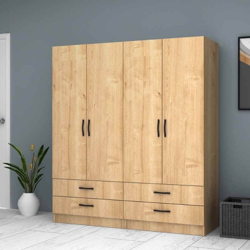 Ντουλάπα ρούχων Ricardo Megapap τετράφυλλη με συρτάρια χρώμα φυσικό οξιάς 160x51,8x181εκ. - Image 2