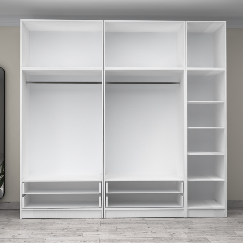 Ντουλάπα ρούχων Victoria Megapap πεντάφυλλη με πατάρι και συρτάρια χρώμα λευκό 250x60x240εκ. - Image 2