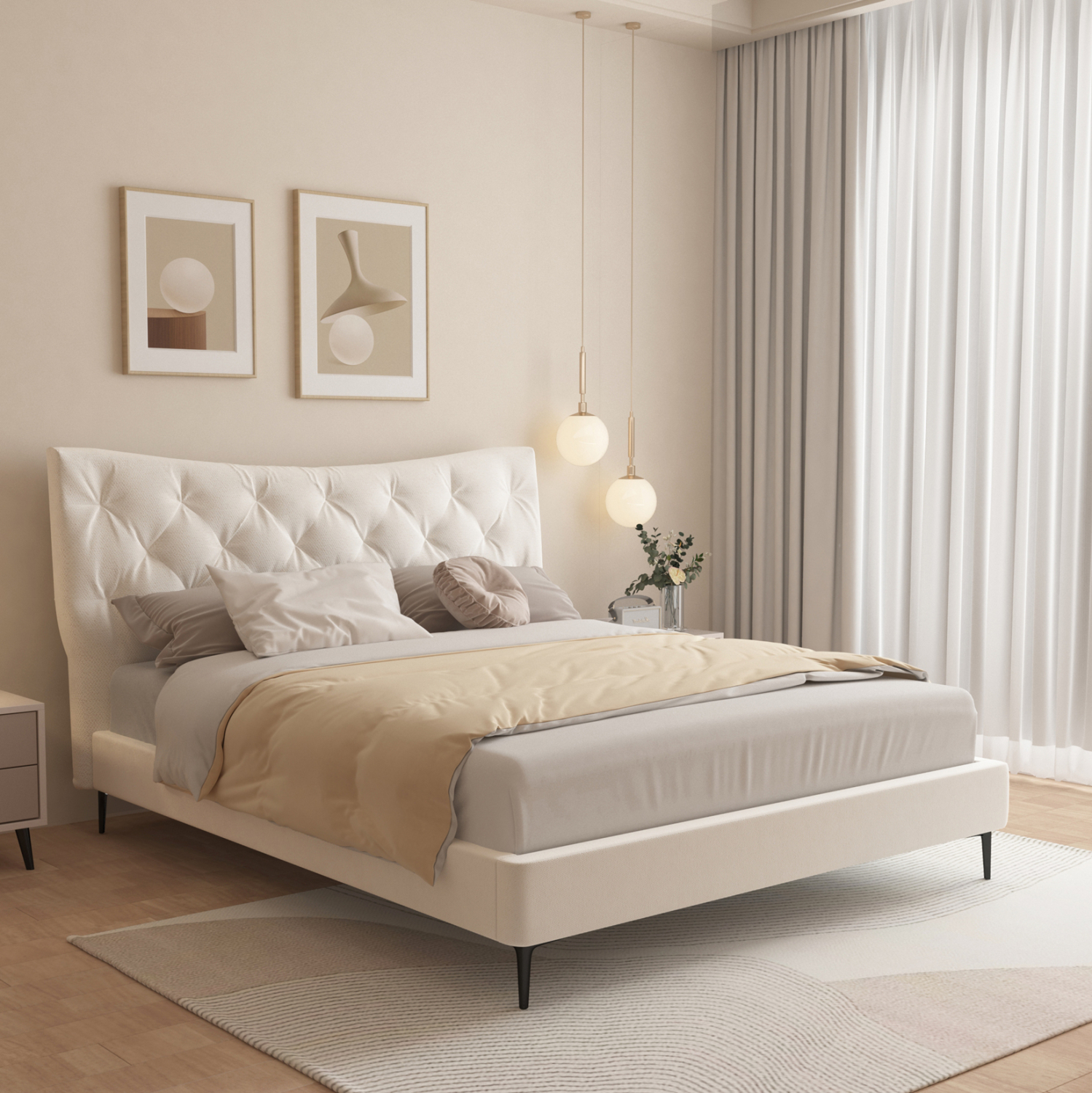 ΚΡΕΒΑΤΙ ΔΙΠΛΟ JILL HM737.03 ΥΦΑΣΜΑ ΣΕ ΜΠΕΖ--ΓΙΑ ΣΤΡΩΜΑ 160x200εκ. - Image 2