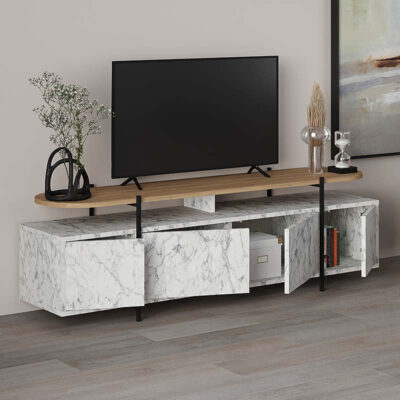 Έπιπλο τηλεόρασης Hanley Megapap χρώμα λευκό εφέ μαρμάρου 160x35,6x48εκ.