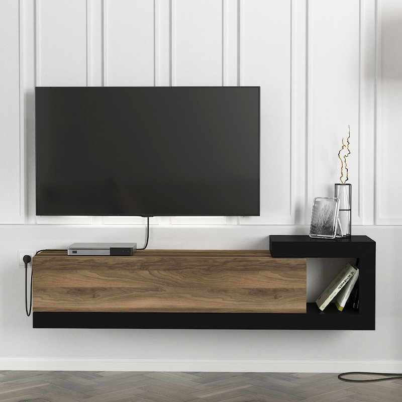 Έπιπλο τηλεόρασης επιτοίχιο Volare Megapap χρώμα καρυδί - μαύρο 150x29,6x38,6εκ. - Image 2