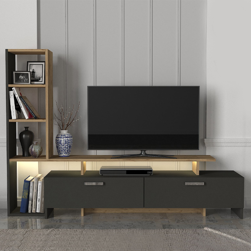 Σύνθεση τηλεόρασης Simal Megapap με LED χρώμα ανθρακί - sepet oak 168,2x31,3x120εκ. - Image 2