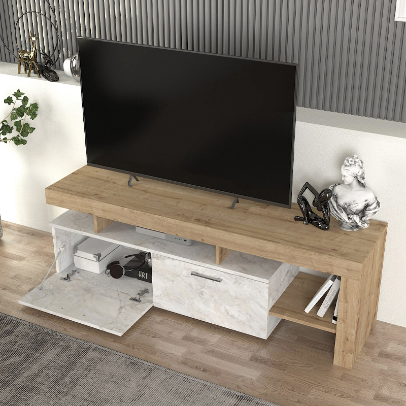 Έπιπλο τηλεόρασης Acnes Megapap χρώμα λευκό εφέ μαρμάρου - sapphire oak 160x40x53εκ. - Image 2