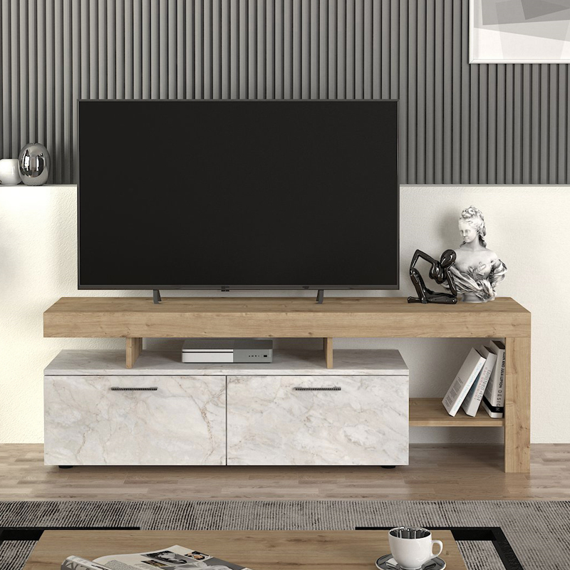 Έπιπλο τηλεόρασης Acnes Megapap χρώμα λευκό εφέ μαρμάρου - sapphire oak 160x40x53εκ. - Image 3