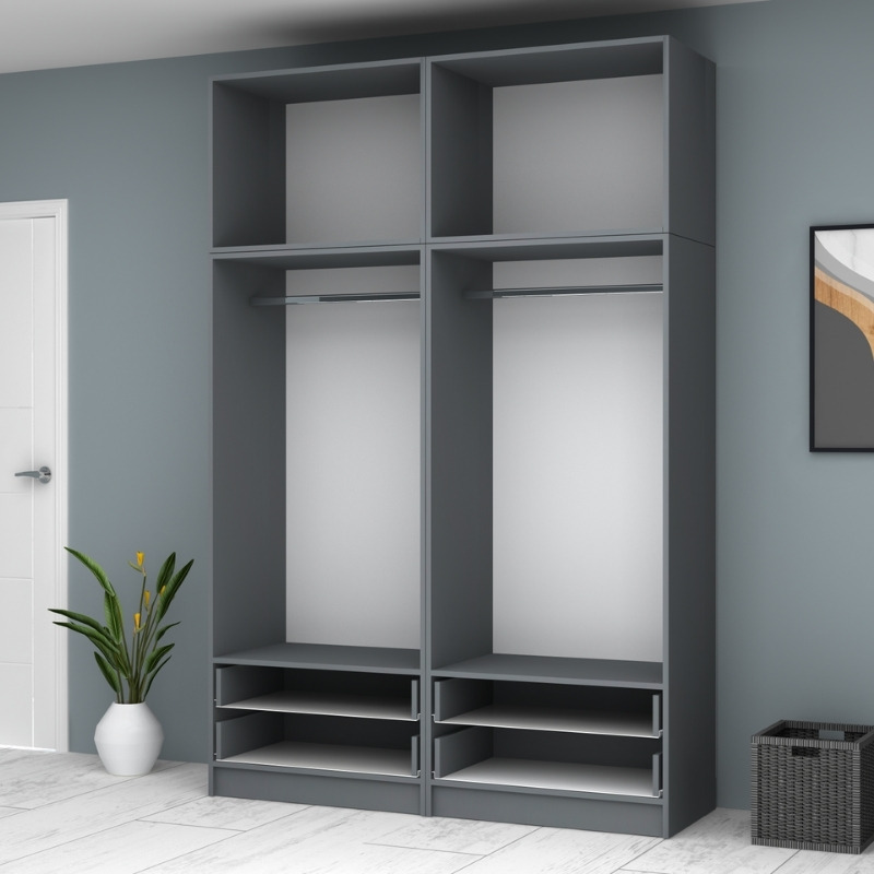 Ντουλάπα ρούχων Ricardo Megapap τετράφυλλη με πατάρι και συρτάρια χρώμα ανθρακί 160x51,8x240εκ. - Image 2