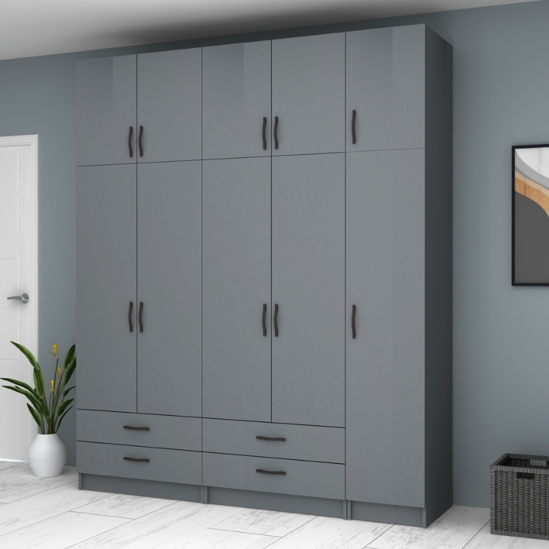 Ντουλάπα ρούχων Ricardo Megapap πεντάφυλλη με πατάρι και συρτάρια χρώμα ανθρακί 200x51,8x240εκ. - Image 2