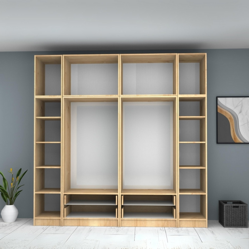 Ντουλάπα ρούχων Ricardo Megapap εξάφυλλη με πατάρι και συρτάρια χρώμα φυσικό οξιάς 240x51,8x240εκ. - Image 2