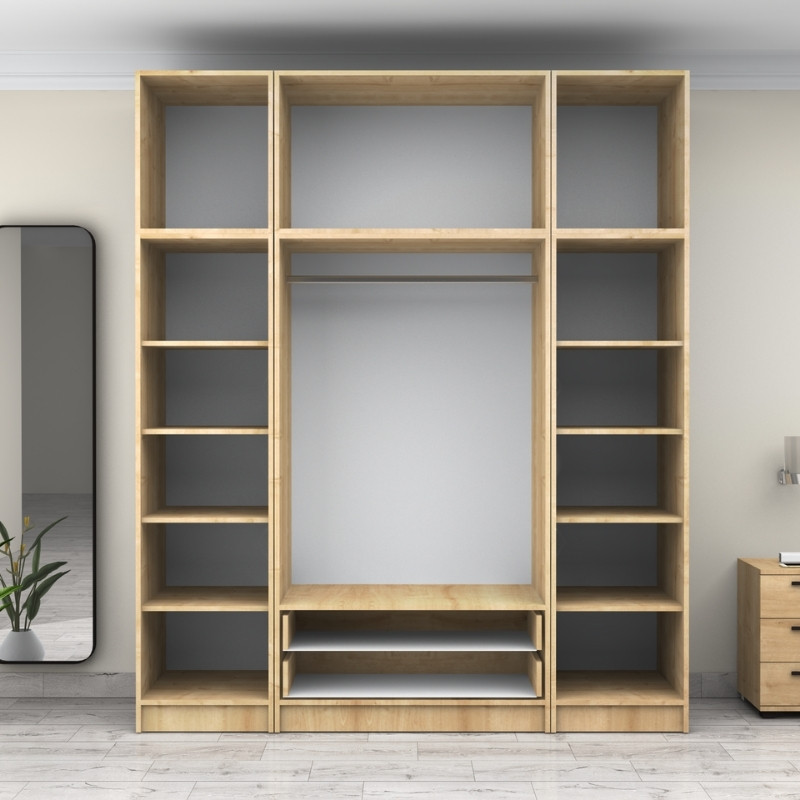 Ντουλάπα ρούχων Victoria Megapap τετράφυλλη με πατάρι και συρτάρια χρώμα φυσικό οξιάς 200x60x240εκ. - Image 2